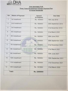 DHA Bahawalpur Development Charges Payment Plan for 1 Kanal