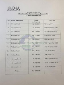 DHA Bahawalpur Development Charges Payment Plan for 12 Marla Villa