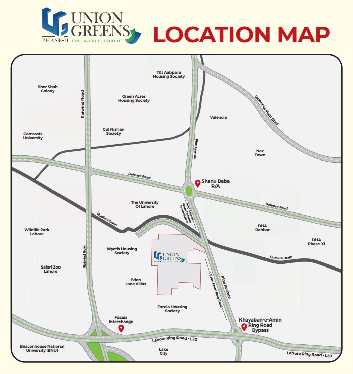 Location Map of Union Green Phase-2 Pine Avenue Road Plot on Installments