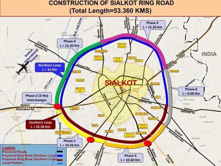 Map of the Sialkot Ring Road showing loops and phases for improved connectivity