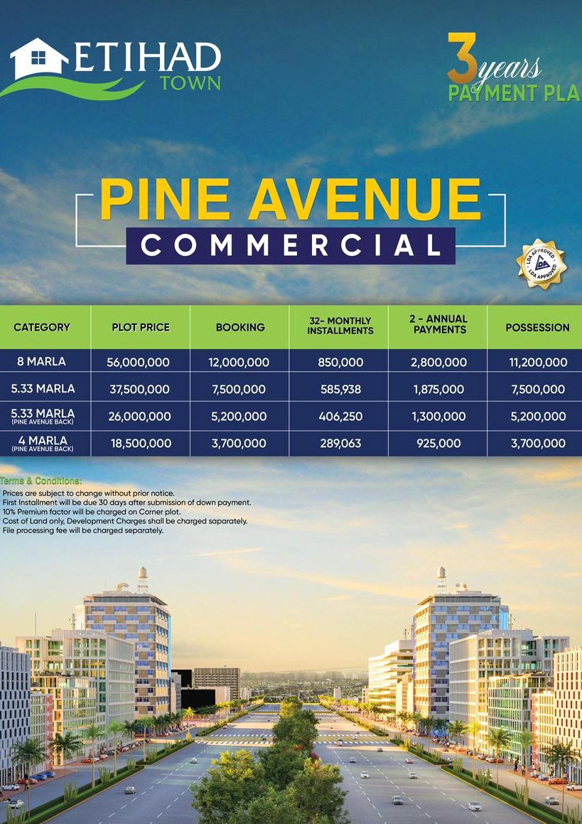 New Commercial Booking in Etihad Town Lahore Pine Avenue Road 3-Year Payment Plan 2025